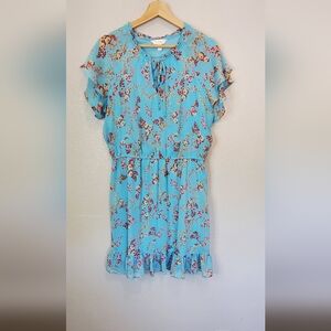 💚5/$25 LC Lauren Conrad Floral Blue Flutter Sleeve Ruffled Dress Size Large